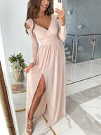 Abito lungo da donna Eunice – Elegante modello con scollo a V, maniche lunghe e spacco laterale