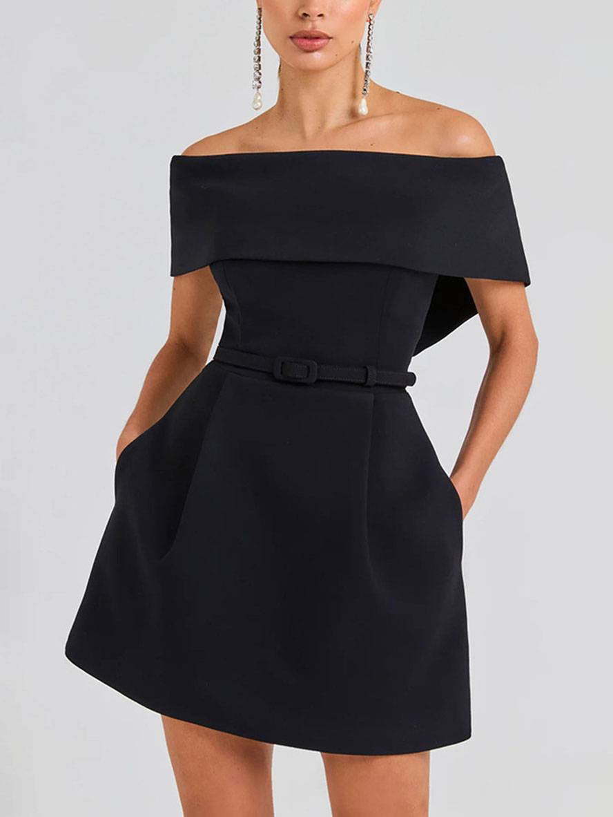 Haziel Women's Skater Dress – Sleeveless Boat Neck Belted Cocktail Dress