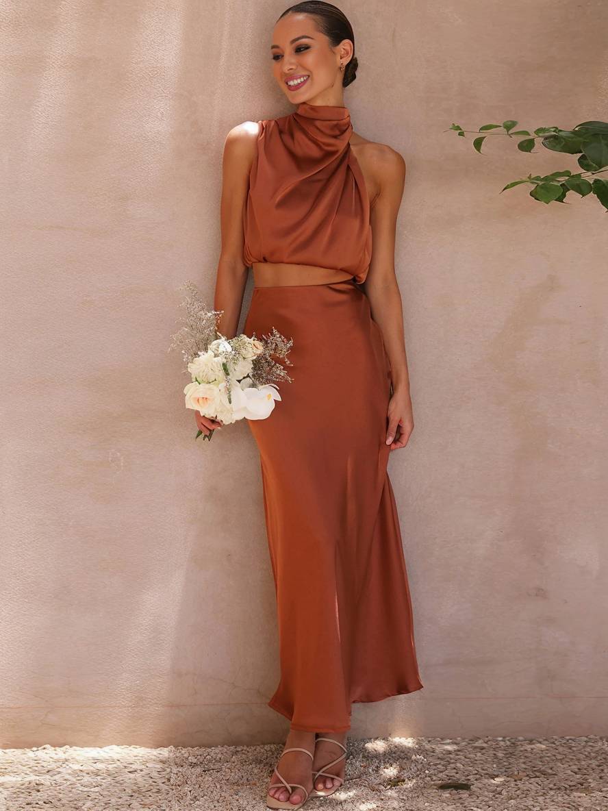 Celestina Women's Dress | Elegant Satin Halter Top & Maxi Skirt 0