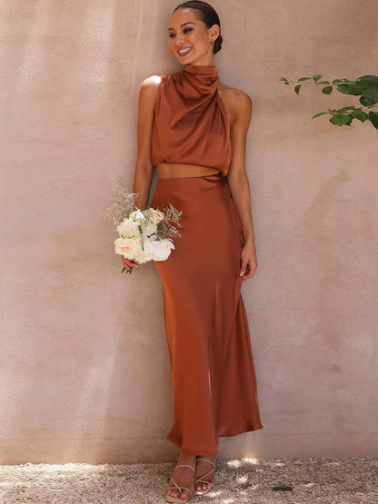 Celestina Women's Dress | Elegant Satin Halter Top & Maxi Skirt 0