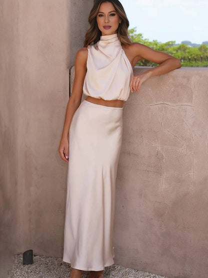 Celestina Women's Dress | Elegant Satin Halter Top & Maxi Skirt 1
