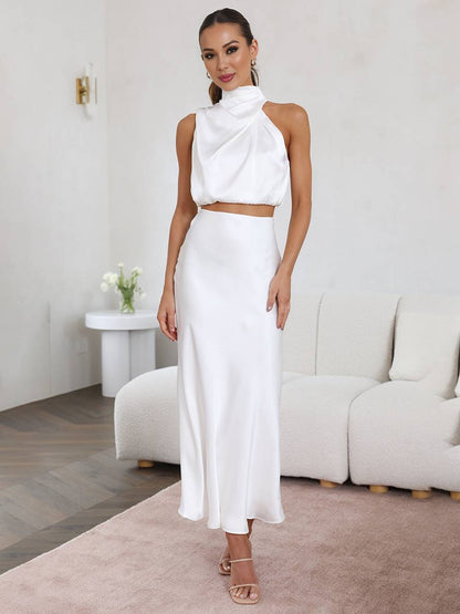 Celestina Women's Dress | Elegant Satin Halter Top & Maxi Skirt 2
