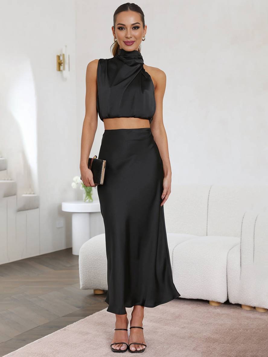 Celestina Women's Dress | Elegant Satin Halter Top & Maxi Skirt 3