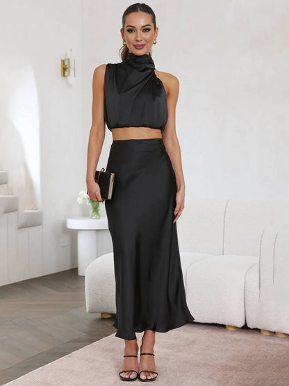Celestina Women's Dress | Elegant Satin Halter Top & Maxi Skirt 3
