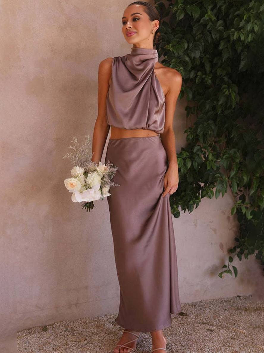 Celestina Women's Dress | Elegant Satin Halter Top & Maxi Skirt 6