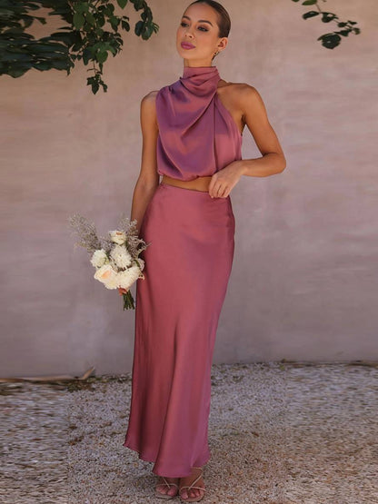 Celestina Women's Dress | Elegant Satin Halter Top & Maxi Skirt 7