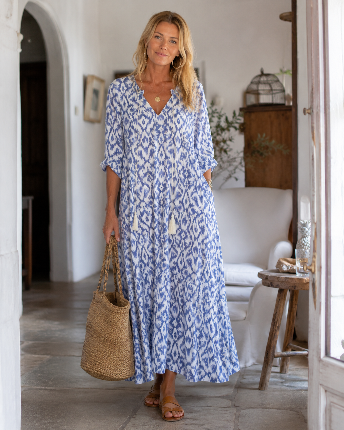Abito boho da donna Charm – Abito estivo con scollo a V, volant e stampa ikat