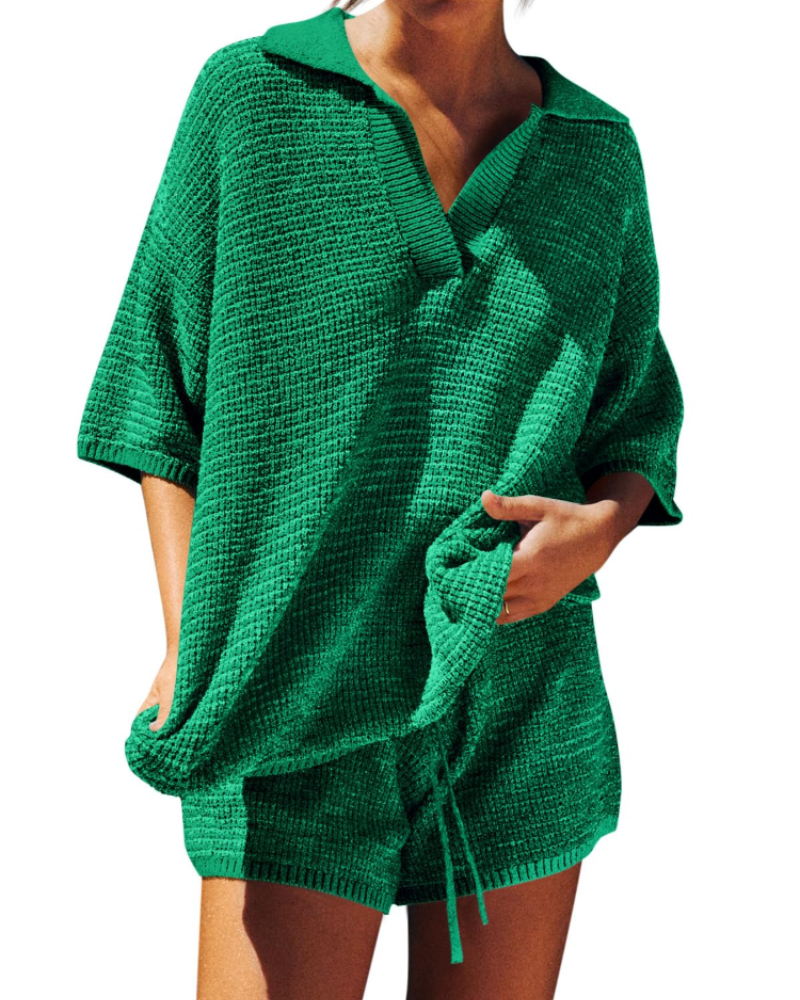 Chloe Lounge Set | Oversized V-Neck Sweater & High-Waisted Shorts 11