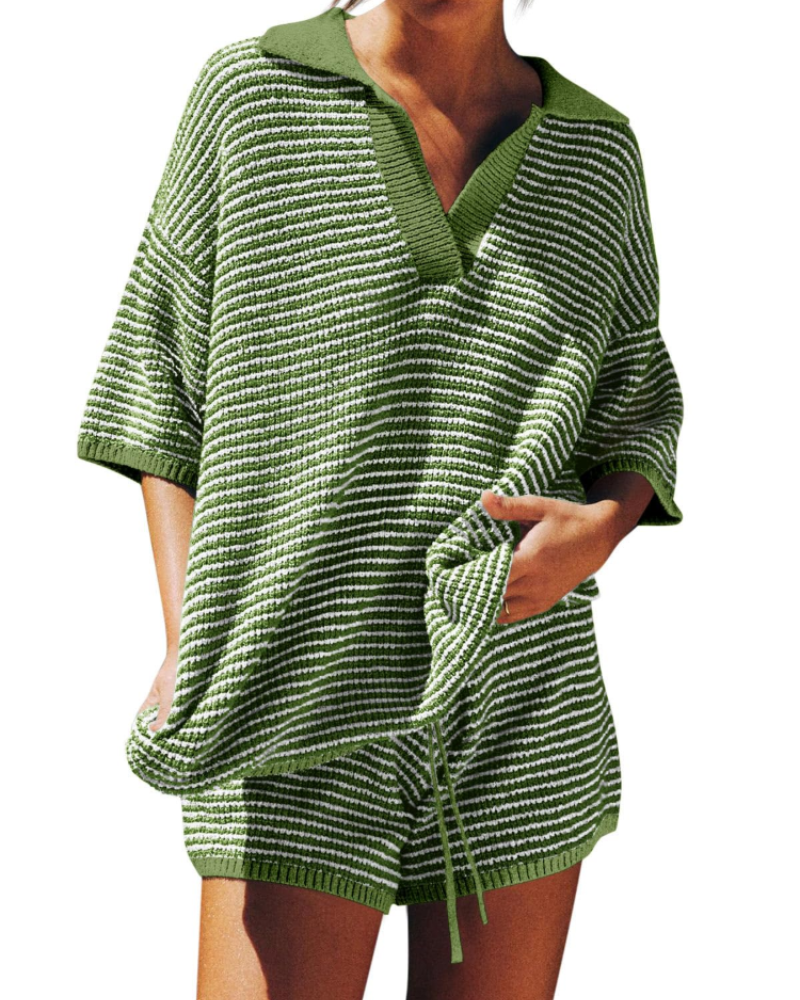 Chloe Lounge Set | Oversized V-Neck Sweater & High-Waisted Shorts 13