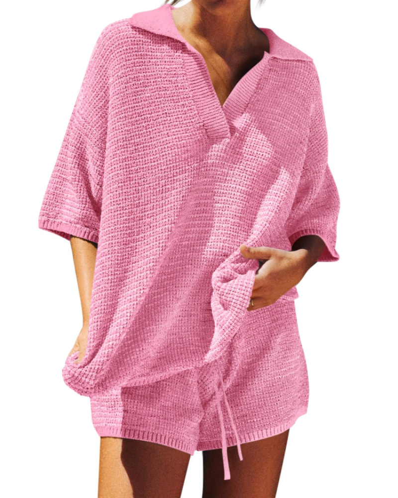 Chloe Lounge Set | Oversized V-Neck Sweater & High-Waisted Shorts 17