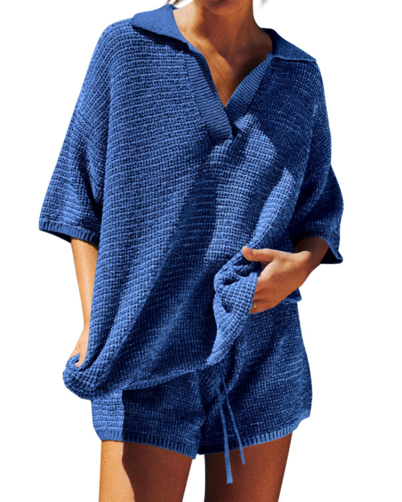 Chloe Lounge Set | Oversized V-Neck Sweater & High-Waisted Shorts 19