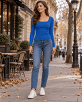 Wynona Women's Square-Neck Ribbed Top with Long Fitted Sleeves and Lightweight Stretch