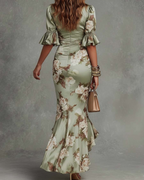 Isabella Women’s Satin Dress – Floral Deep V-Neck Dress with Ruched Waist