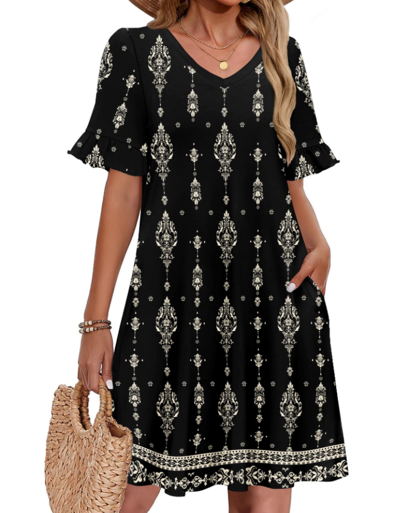Mini-robe bohème pour femme Callie – robe d’été col en V, manches volantées, coupe trapèze et poches