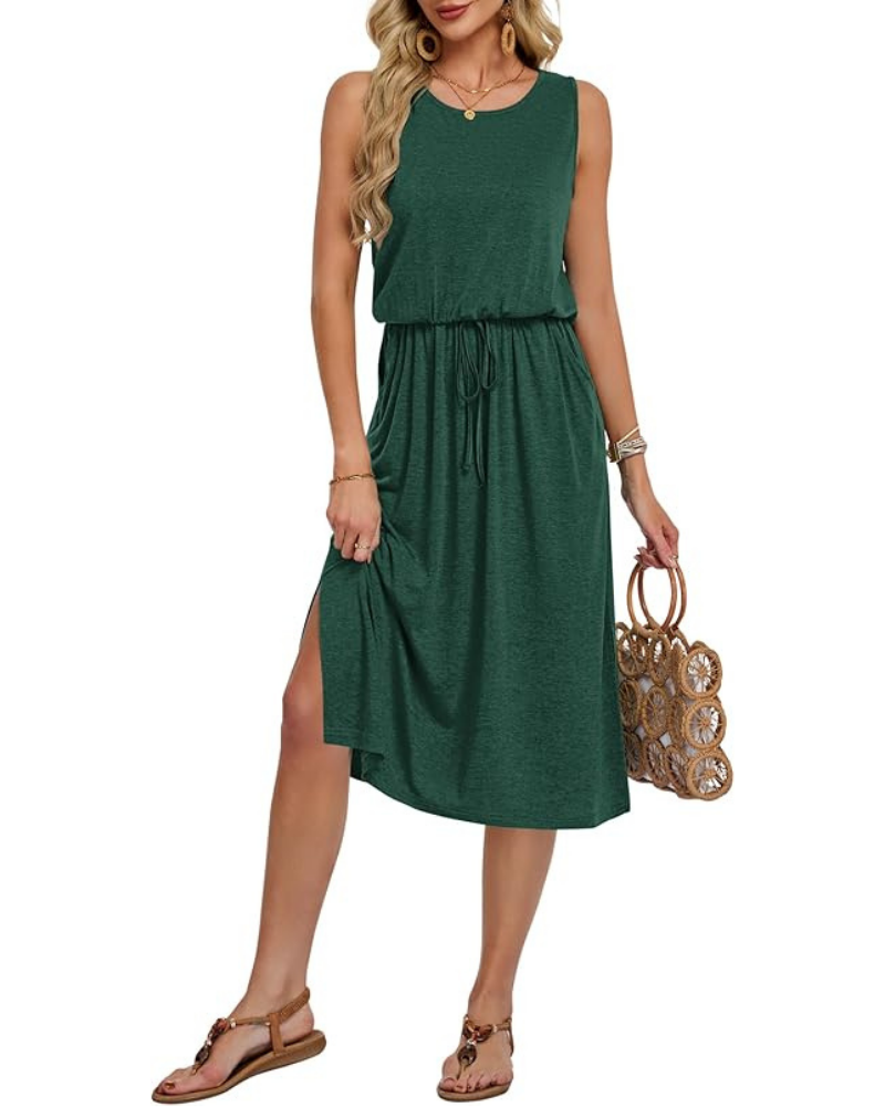 Natalie Women's Sleeveless Midi Dress – A-Line Summer Dress with Pockets