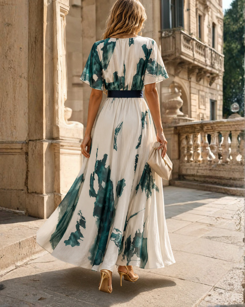 Robe longue pour femmes Valentina – Robe portefeuille vert crème avec lien à la taille