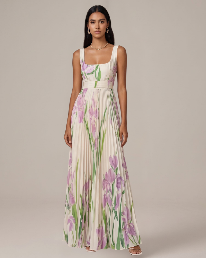 Abito lungo floreale da donna Audrey – Elegante abito da sera plissettato dalla vestibilità fluida