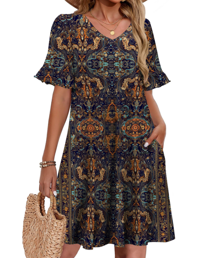 Mini-robe bohème pour femme Callie – robe d’été col en V, manches volantées, coupe trapèze et poches