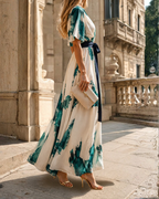 Robe longue pour femmes Valentina – Robe portefeuille vert crème avec lien à la taille