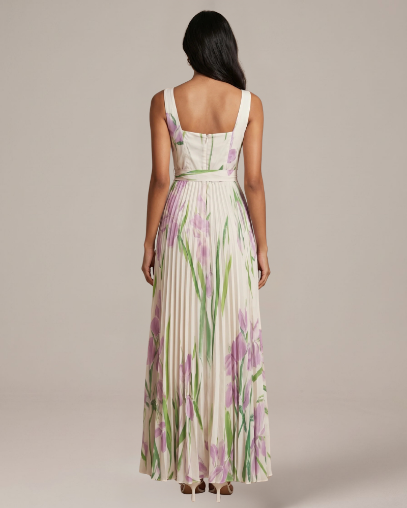 Abito lungo floreale da donna Audrey – Elegante abito da sera plissettato dalla vestibilità fluida