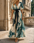 Robe longue pour femmes Valentina – Robe portefeuille vert crème avec lien à la taille