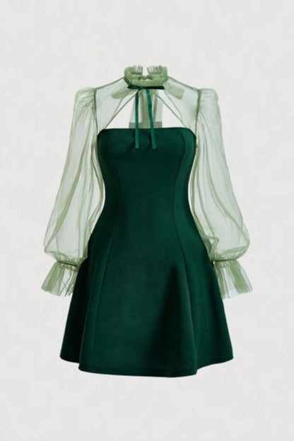 Elysia Wedding Guest Dress | Elegant Green Sheath with Puff Sleeves 8