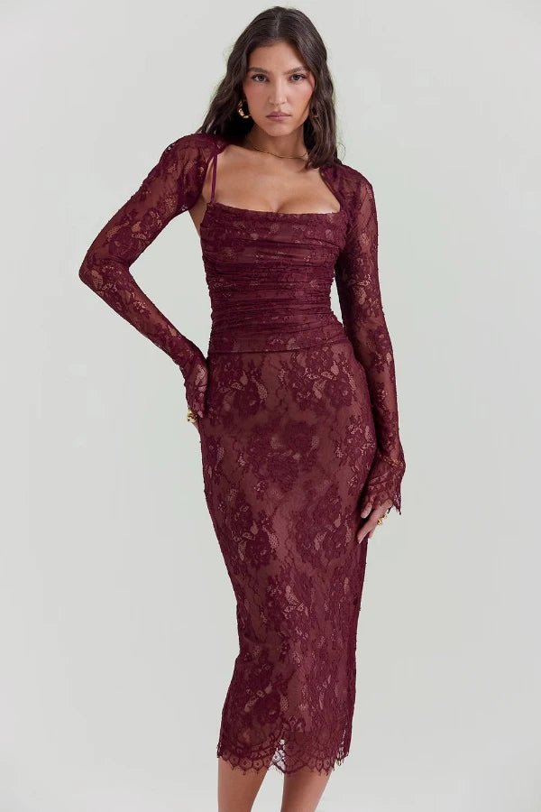 Elysian Women's Dress | Elegant Burgundy Lace Cocktail Dress 0
