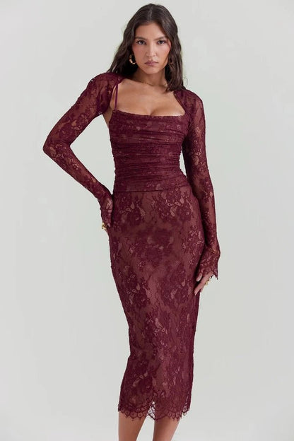 Elysian Women's Dress | Elegant Burgundy Lace Cocktail Dress 0