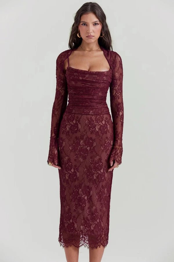 Elysian Women's Dress | Elegant Burgundy Lace Cocktail Dress 1