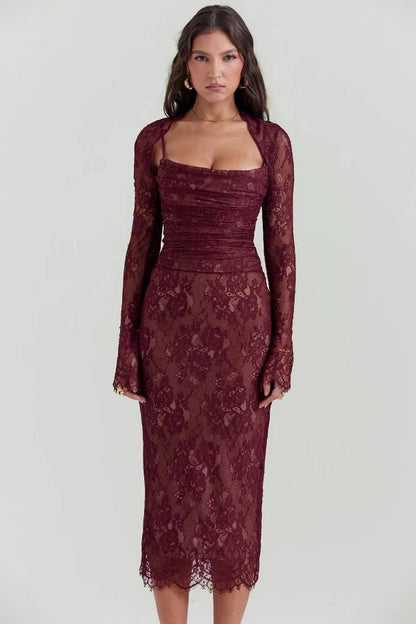 Elysian Women's Dress | Elegant Burgundy Lace Cocktail Dress 1