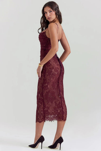 Elysian Women's Dress | Elegant Burgundy Lace Cocktail Dress 4