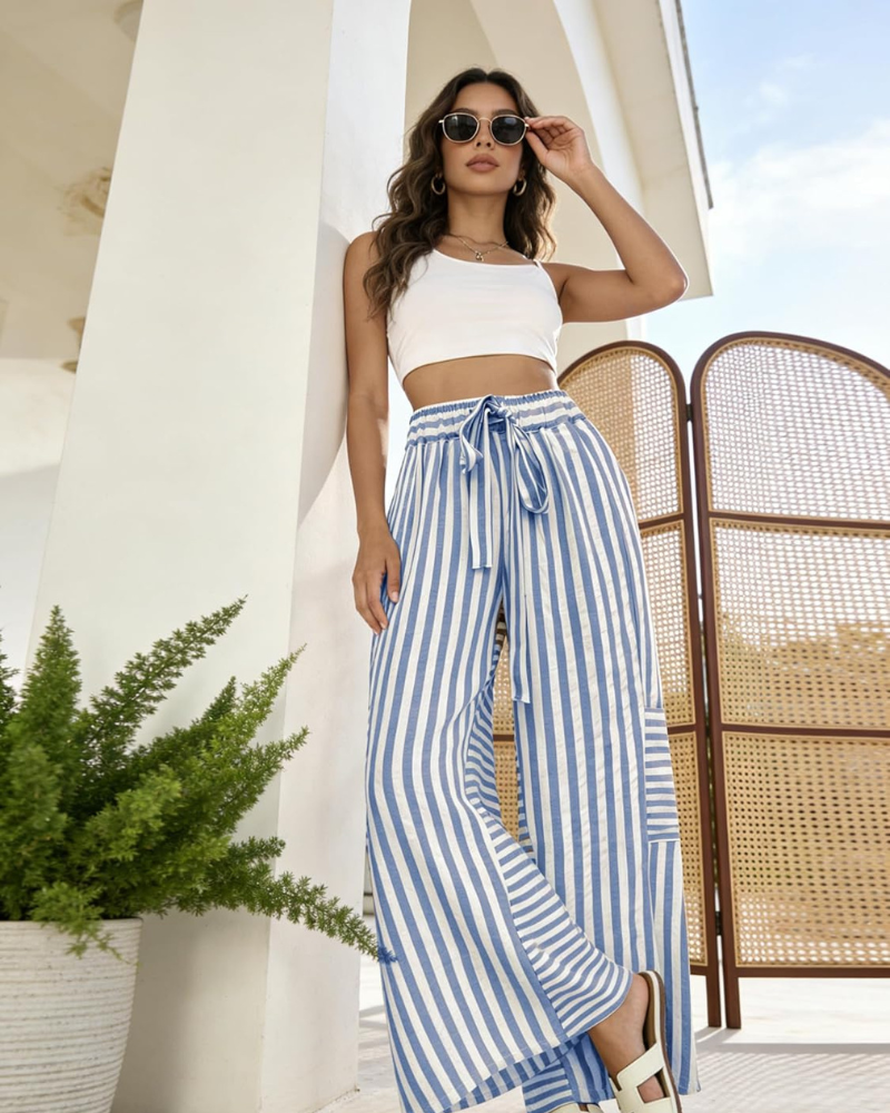 Fiora Women's Palazzo Trousers | Wide Leg, Elastic Waist, Striped Design 1