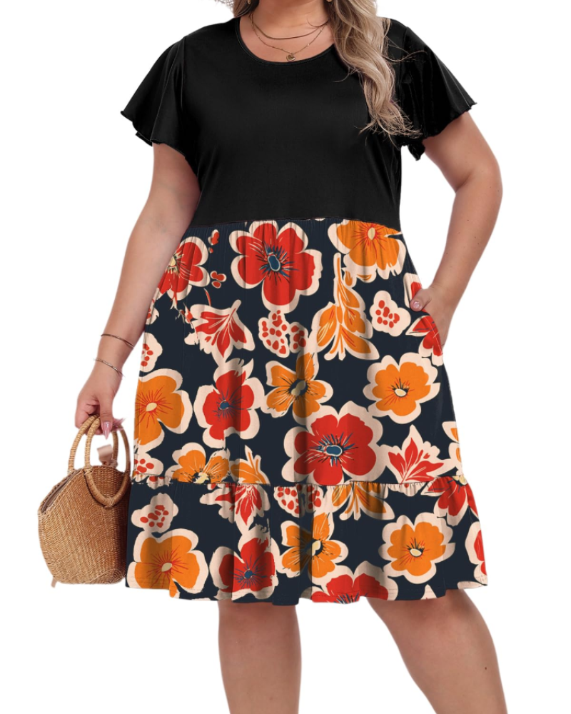 Vivian Women's Plus Size Midi Dress – High Waist A-Line Dress with Pockets