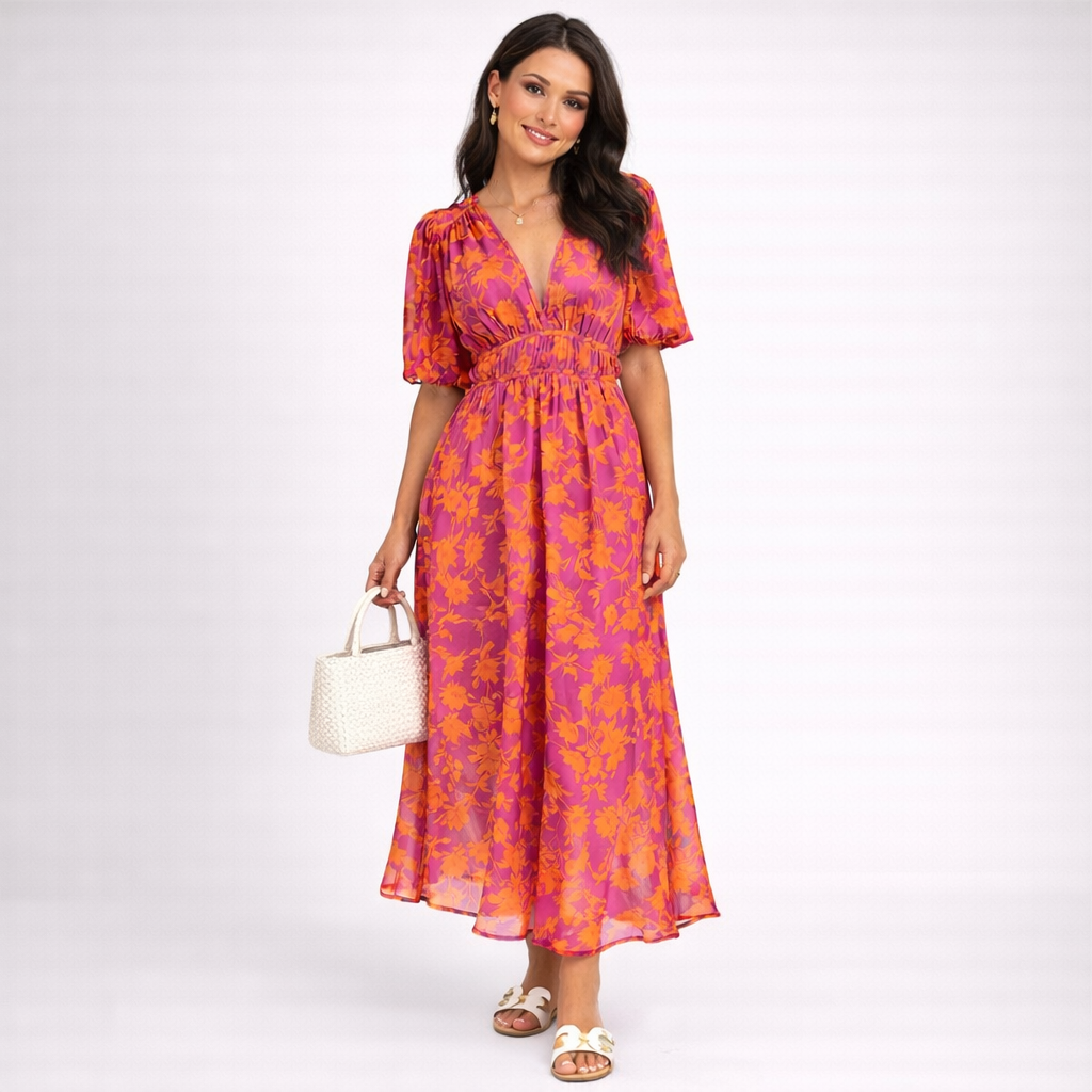 Floral Maxi Dress | Women's Summer Dress in Pink-Orange Print 0
