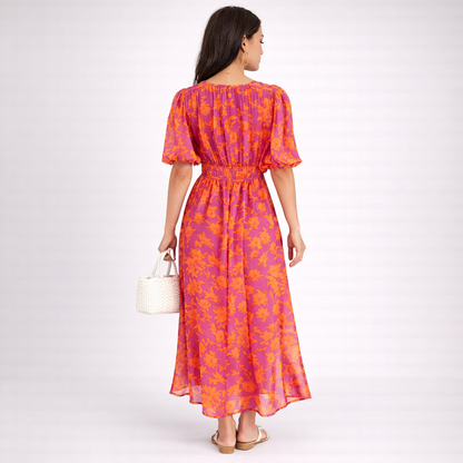 Floral Maxi Dress | Women's Summer Dress in Pink-Orange Print 1