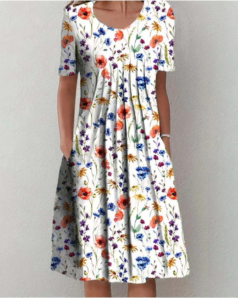 Elsie Women's Floral Midi Dress – Round Neck, Relaxed Fit & Side Pockets