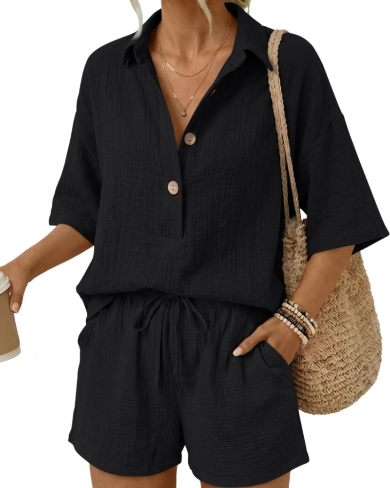 Gigi Women's Summer Set | 100% Cotton Oversized Shirt & High-Waisted Shorts 11