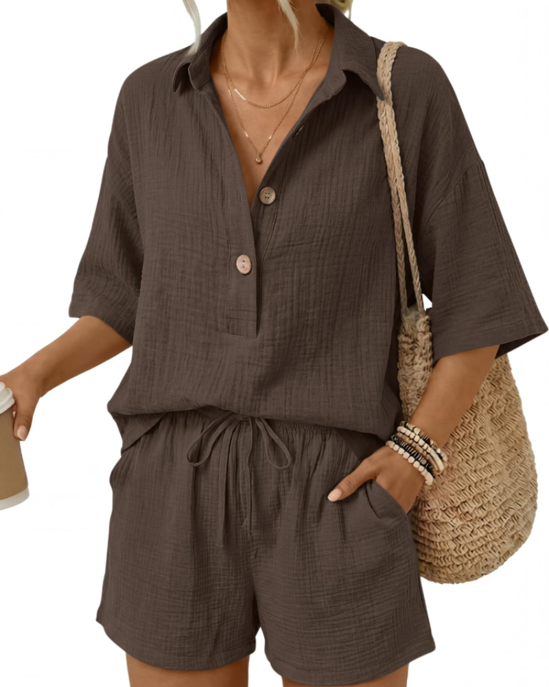 Gigi Women's Summer Set | 100% Cotton Oversized Shirt & High-Waisted Shorts 12