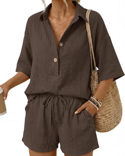 Gigi Women's Summer Set | 100% Cotton Oversized Shirt & High-Waisted Shorts 12