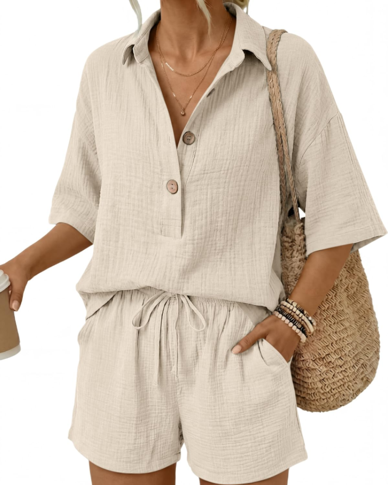 Gigi Women's Summer Set | 100% Cotton Oversized Shirt & High-Waisted Shorts 13