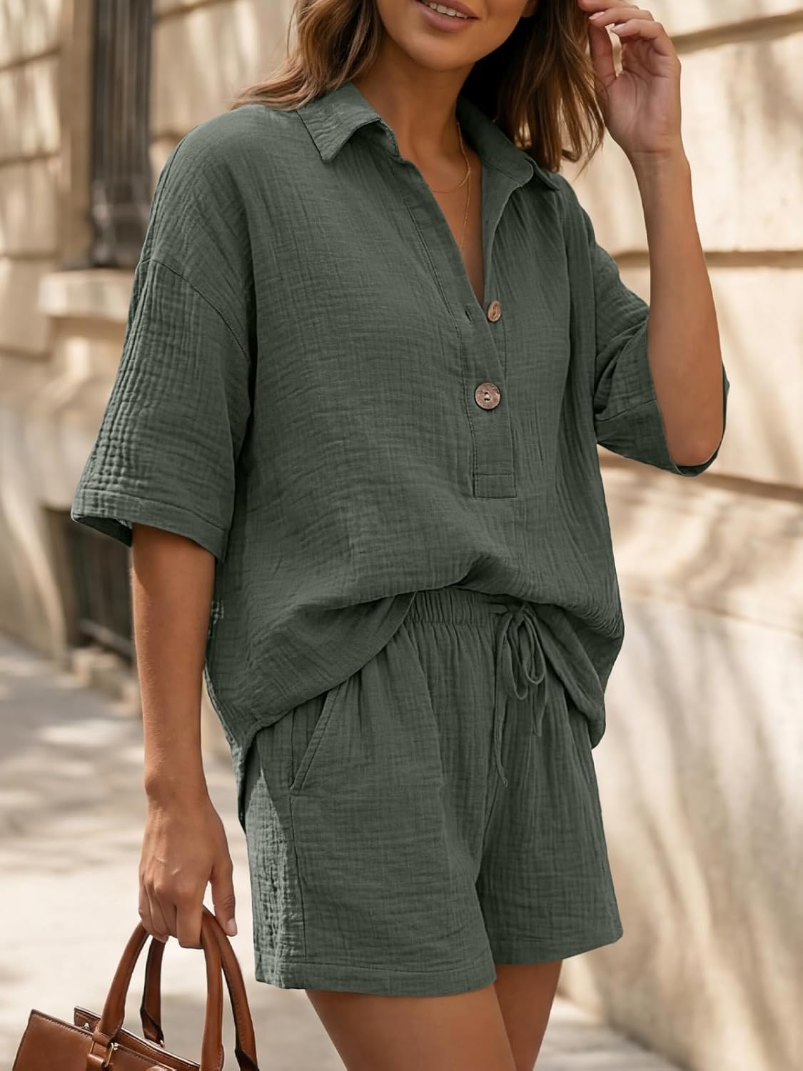 Gigi Women's Summer Set | 100% Cotton Oversized Shirt & High-Waisted Shorts 3