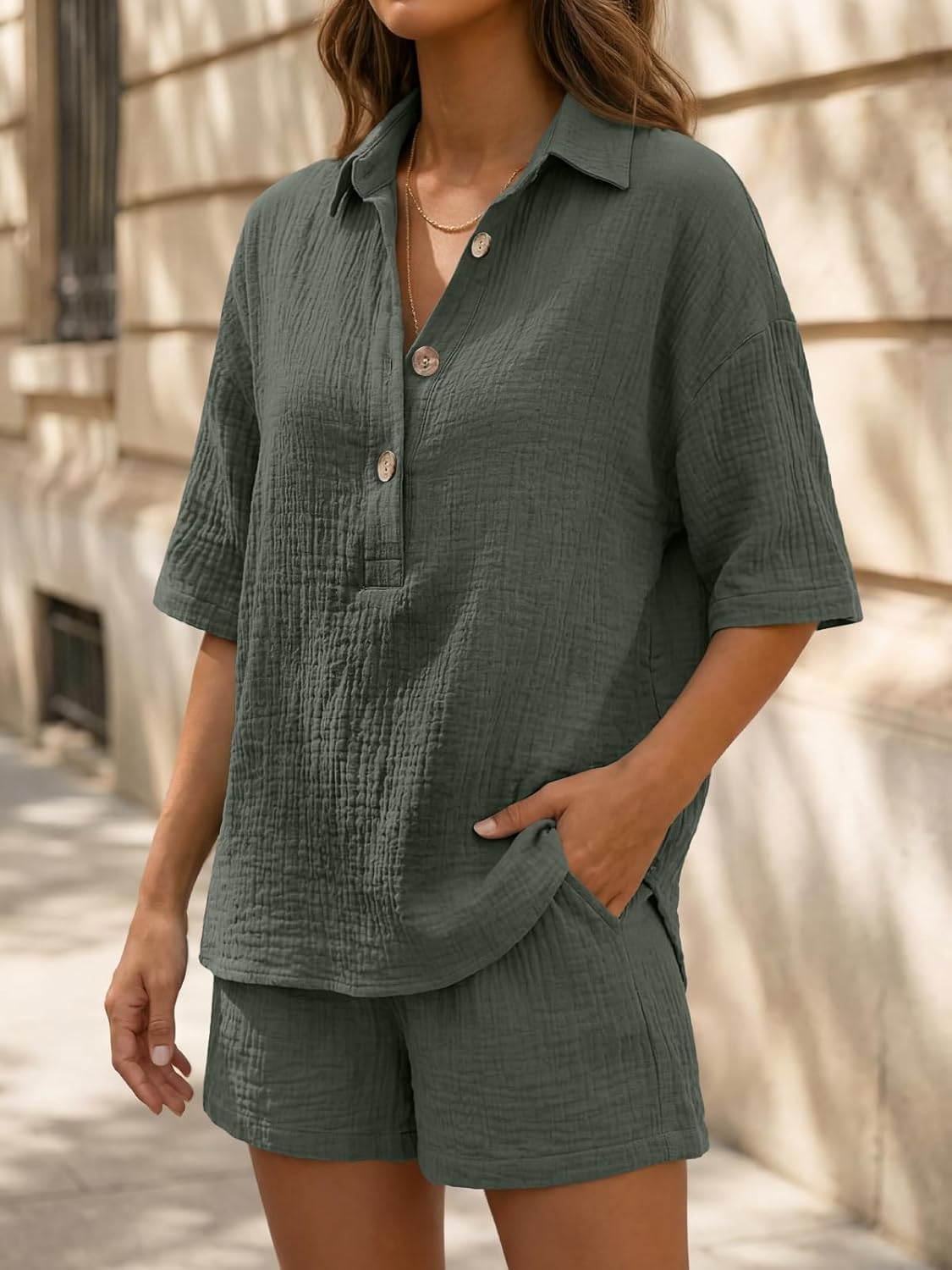 Gigi Women's Summer Set | 100% Cotton Oversized Shirt & High-Waisted Shorts 5