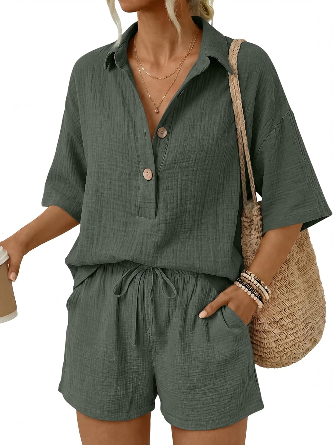 Gigi Women's Summer Set | 100% Cotton Oversized Shirt & High-Waisted Shorts 6