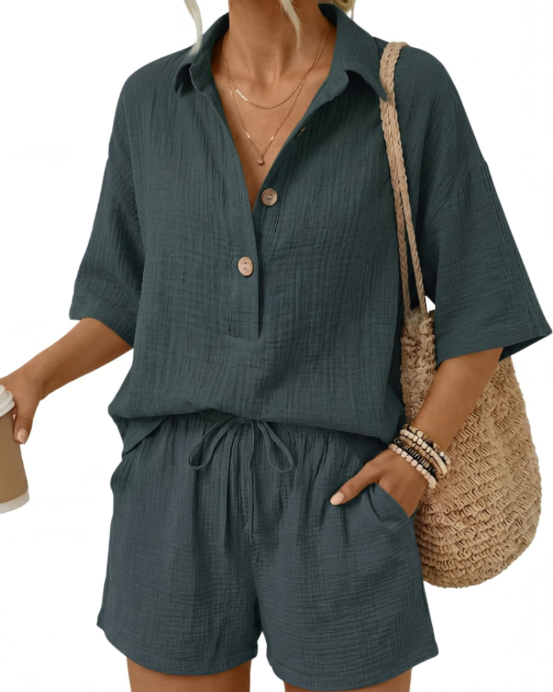 Gigi Women's Summer Set | 100% Cotton Oversized Shirt & High-Waisted Shorts 7