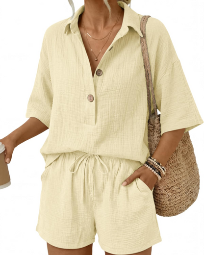 Gigi Women's Summer Set | 100% Cotton Oversized Shirt & High-Waisted Shorts 9