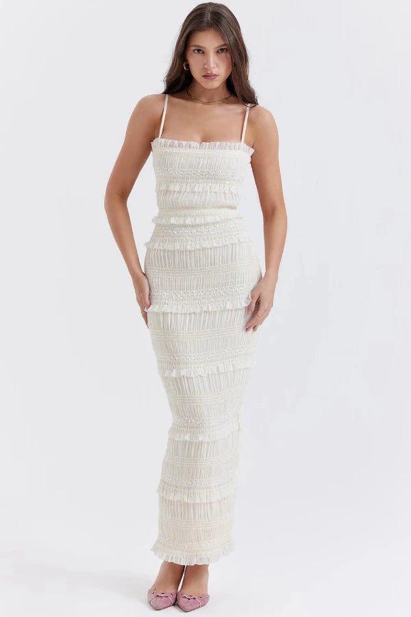Hara Sequin Dress | Pleated Satin, Ruffled Ankle Length 0