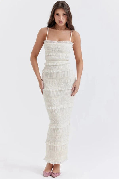 Hara Sequin Dress | Pleated Satin, Ruffled Ankle Length 0
