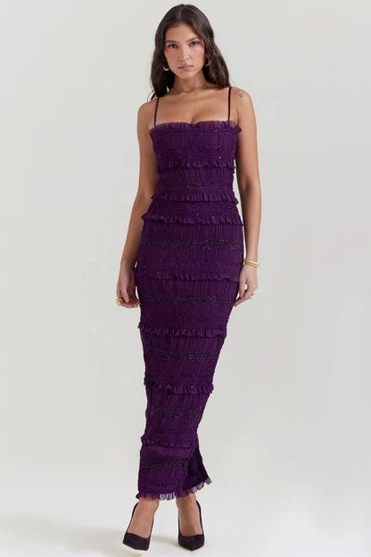 Hara Sequin Dress | Pleated Satin, Ruffled Ankle Length 9