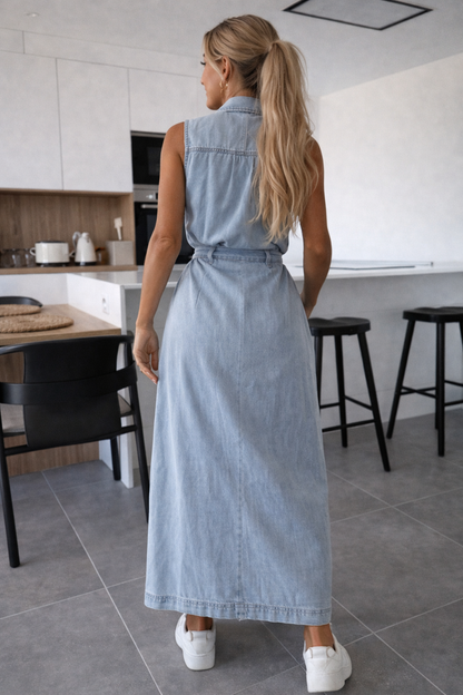 Jara Maxi Dress | Sleeveless Denim with Waist Belt and Button Closure 1