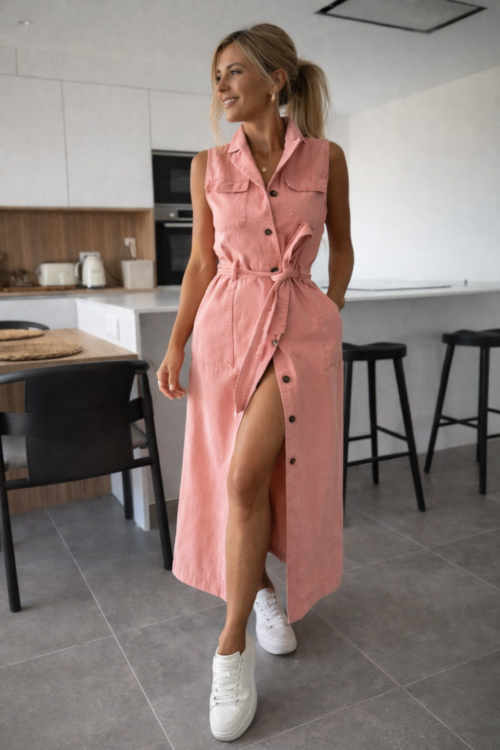 Jara Maxi Dress | Sleeveless Denim with Waist Belt and Button Closure 3